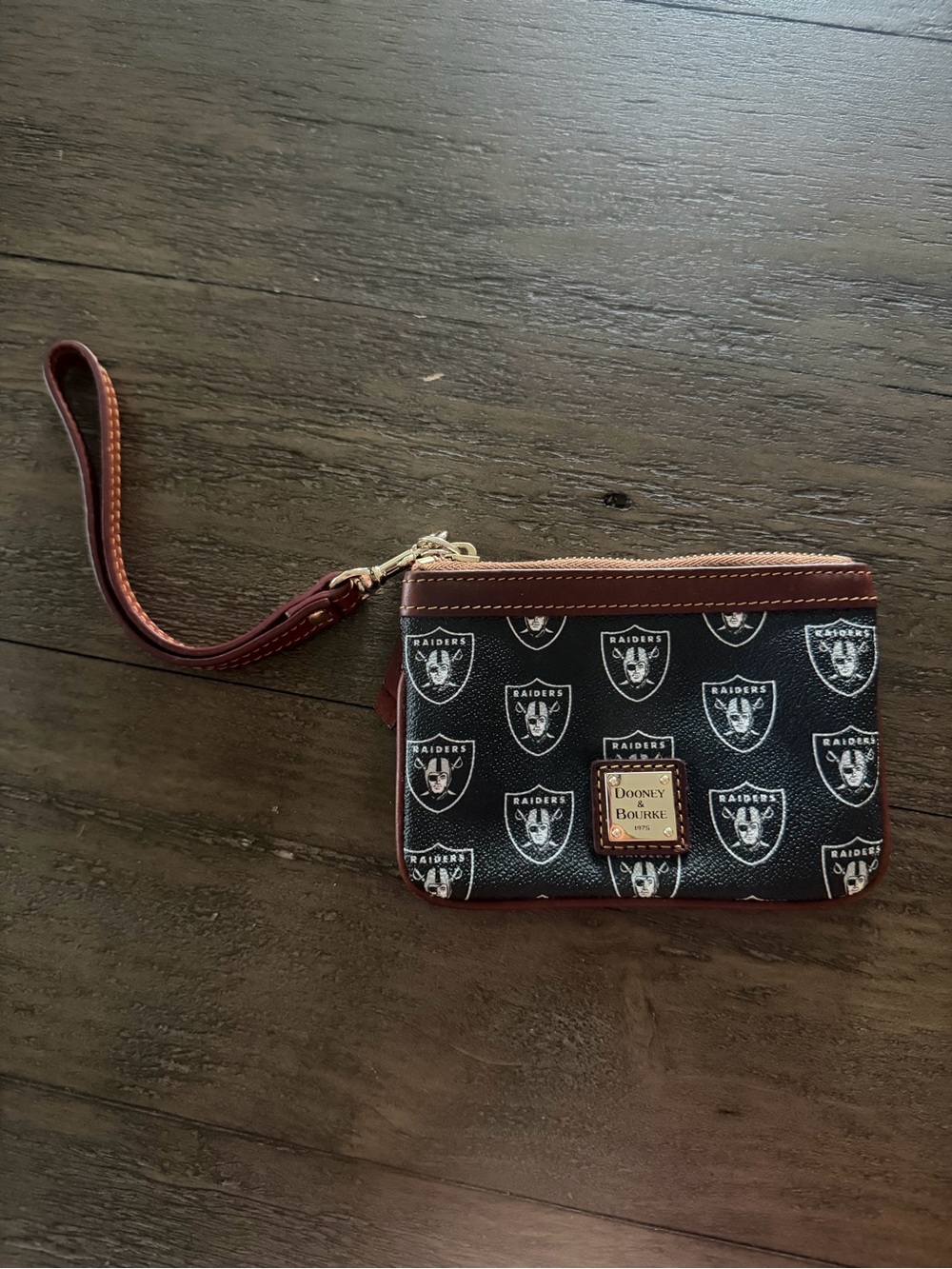 Dooney & Bourke Black Raiders Logo Wristlet with Brown Trim